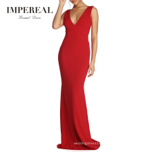 Plunging V Neckline Strap Connect V Back Royal Evening Ethnic Hot Red Dinner Dress